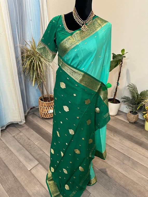 Size 36 - 42 inches adjustable stitched blouse | Silk mark certified pure Mysore silk saree with heavy maggam work blouse | pure Mysore silk