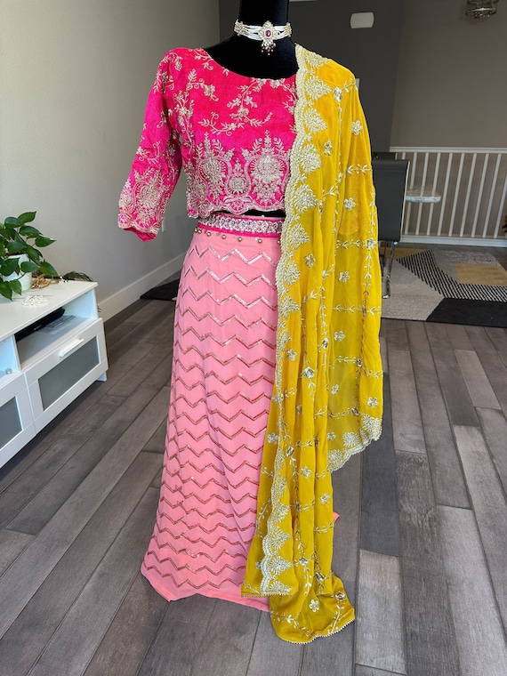 Size L: Party wear lehenga choli set with zardosi work and sequin work | party wear lehengas online shopping usa | lehenga choli set online
