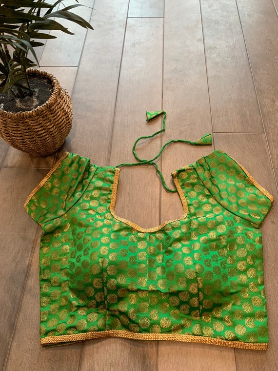 Size 36-38 Beautiful Green Brocade Silk Blouse with Zari Bhuttis and Back Open with Tassels