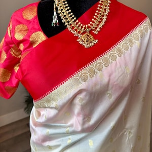 40-42 inches optional stitched blouse | Beautiful garad silk saree in off-white and red shade | garod silk sarees online shopping usa | pujo