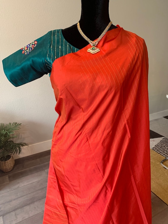 Semi silk pattu with waterfall zari | arani silk sarees online shopping usa | semi silk borderless sarees online | orange saree