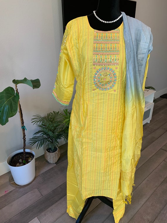 Size L - Bright and festive cotton silk suit set with embroidery and sequin work | party wear kurtis online shopping usa
