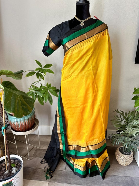 Size 36-44 stitched blouse | Classic yellow and black kuppadam silk saree online shopping usa | sarees for haldi | kuppadam pattu sarees usa
