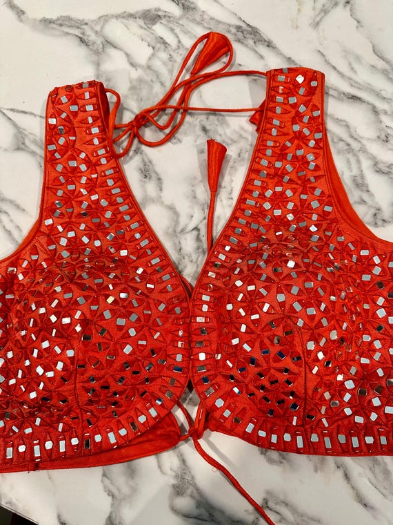 Size 34 | Gorgeous mirror embellished back open blouse | blouses for garba | mirror work choli online shopping usa | red blouse | ethnic