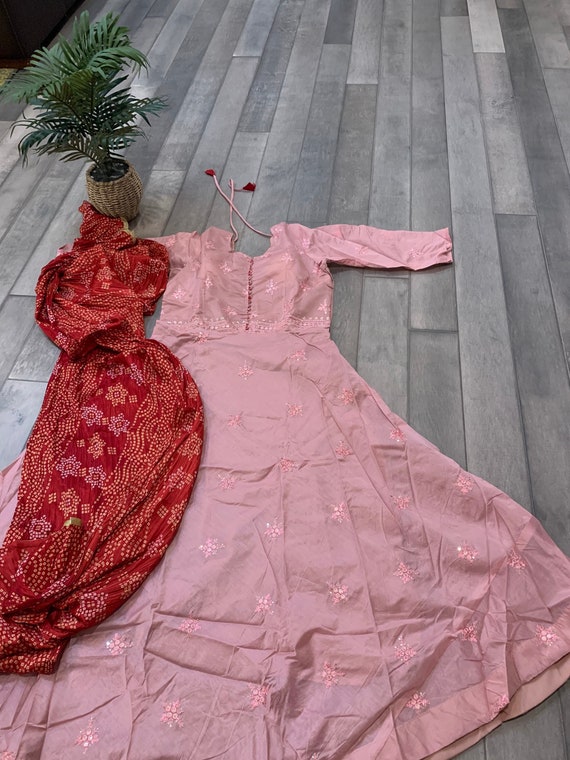 Size XL: Designer Anarkali Chanderi Silk anarkali gown with Embroidery and Sequin Work and Bandhini Dupatta | party wear anarkali online