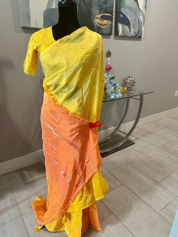 Size 36-44 stitched blouse | Two tone party wear saree with sequin work | sunset yellow party wear saree | party wear sari | Diwali | ethnic