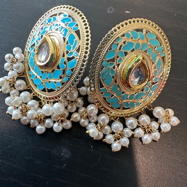 Super gorgeous handmade stud dangler earrings with kundan and pearl work | Indian jewelry online shopping usa | handmade