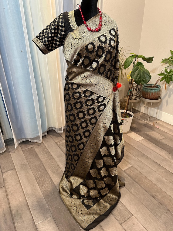 Size 42-44 optional stitched blouse | Pure Banaras khaddi georgette silk saree with all over jaal weaving | Banaras georgette sarees online