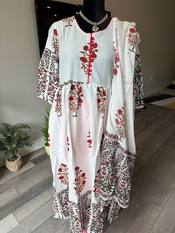 Size L - Pure, premium cotton anarkali set with gorgeous block prints | anarkali kurtis online shopping usa | cotton anarkali kurti sets
