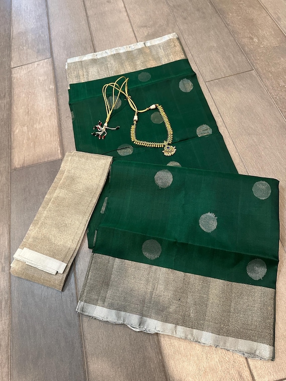 Pure, handwoven uppada silk saree with dollar bhutti | green silk saree | silver zari saree | uppada pattu online shopping usa