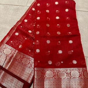 Chanderi Seide Baumwoll Sari mit Zari gewebte Motive | sico saree online shoppen usa | roter Sarise | Karwa chauth sari | Diwali | Navratri