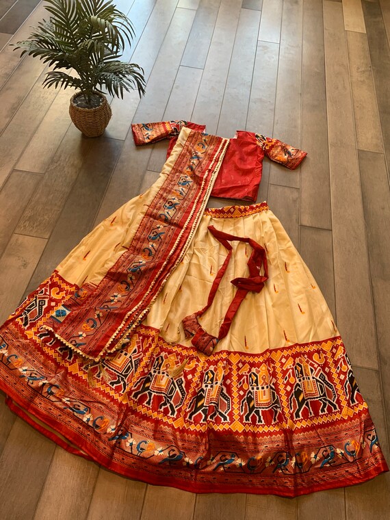 Gorgeous Kids Ikkat Patola Lehenga Choli Set With Paithani Gold