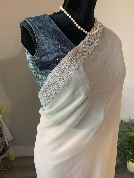 Size 38 optional stitched blouse: Shimmer georgette, stone work saree and embroidered saree in taupe shade | party wear sarees online usa
