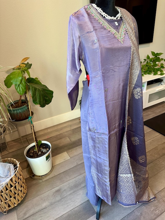 Size M | Pastel shimmer tissue silk indian suit set with zari woven dupatta | party wear salwar suit online shopping usa | ethnic indian