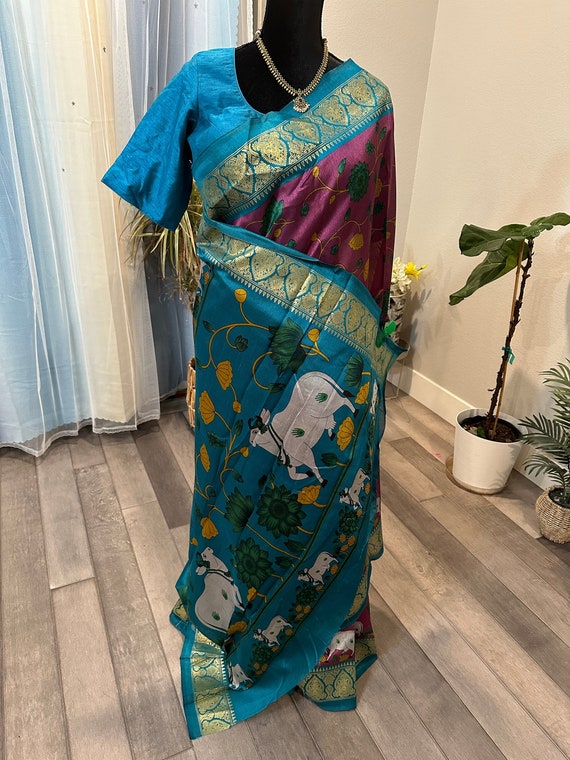 Size 42-44 optional stitched blouse | Deep purple mixed silk saree with kalamkari and pichwai prints | kalamkari sarees online shopping usa