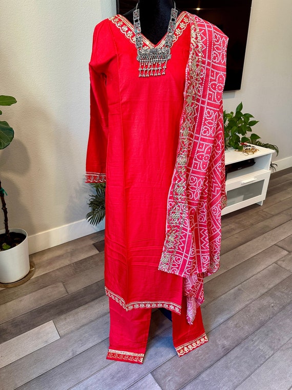 Size S-M | Red, rayon salwar set with sequin work and bandhni dupatta | rayon kurti set online shopping usa | red kurti online | ethnic
