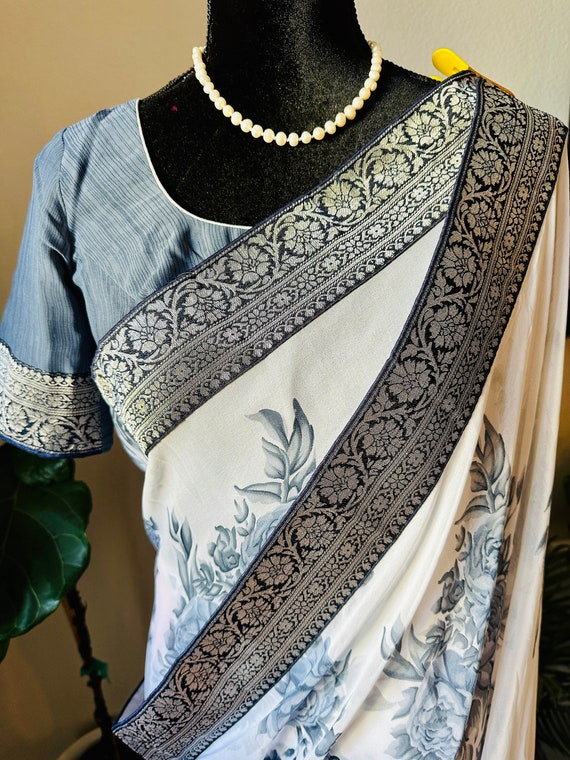 Size 36-44 adjustable fully stitched blouse - Beautiful floral georgette party wear saree | party wear sarees online | designer sarees usa