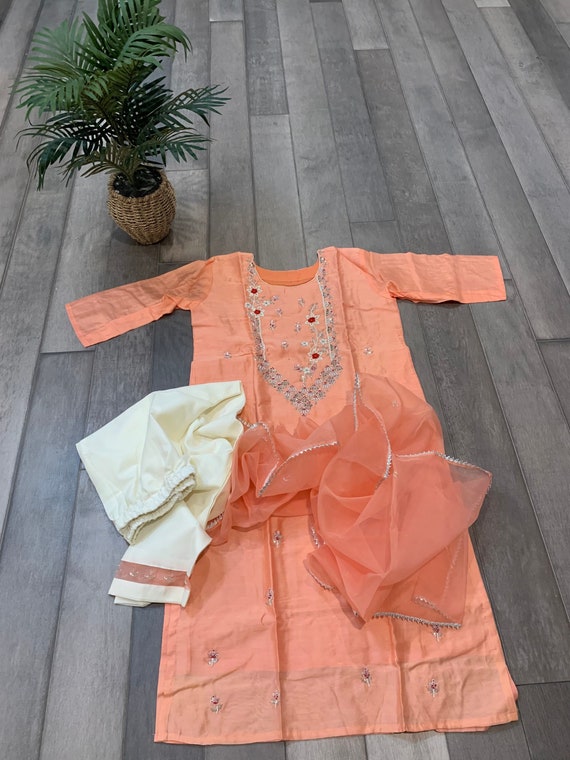 Size L: Masleen Silk Kurti Set with Hand Work Pearl and Sequin Embroidery and Organza Dupatta