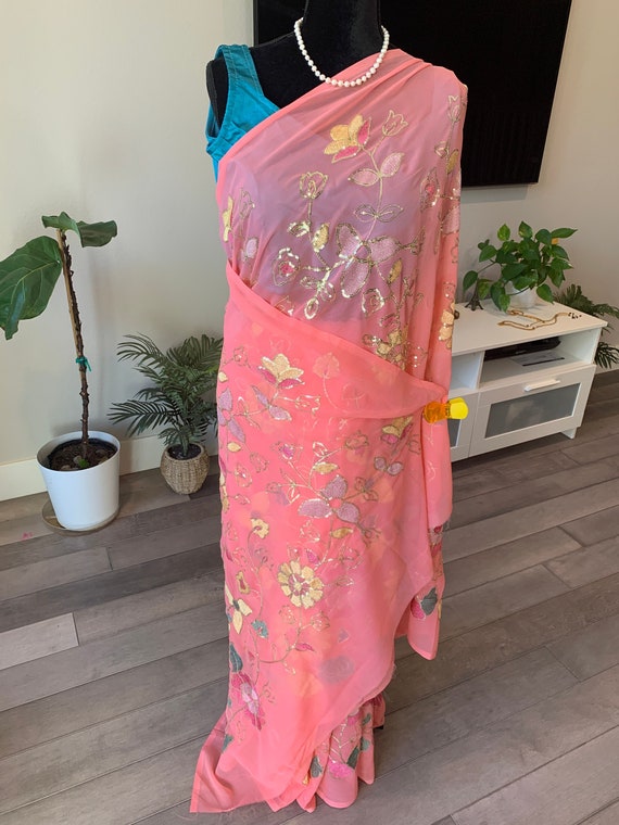 Exclusive Party Wear Designer Saree with Sequin Work and Embroidery on Pure Georgette - Readymade Blouse