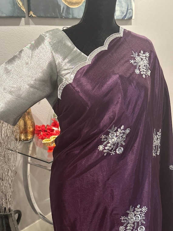 Size 40-42 optional stitched blouse | Embroidery and sequin work party wear saree | Bollywood saree online shopping usa | Diwali | navratri