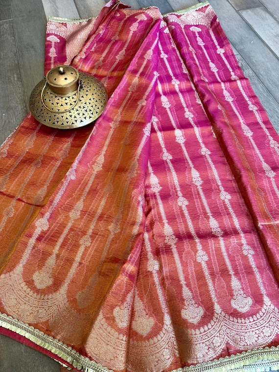 Beautiful Banarasi Tissue Saree with Minakari Work and Lace Border | Banarasi tissue sarees online shopping usa | lace border banaras sarees