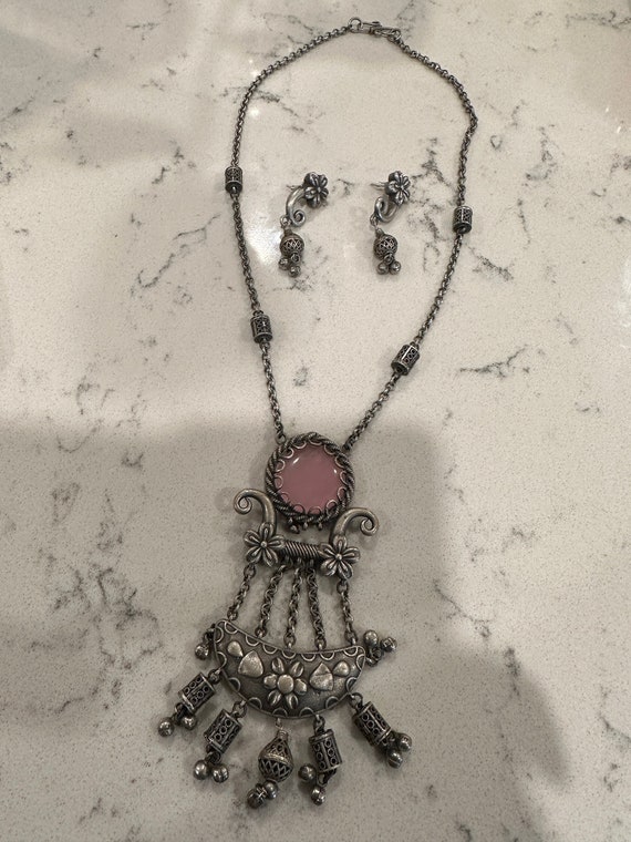 Silver look alike oxidized silver necklace set with pink bead | oxidized silver jewelry set indian | indian jewelry online usa