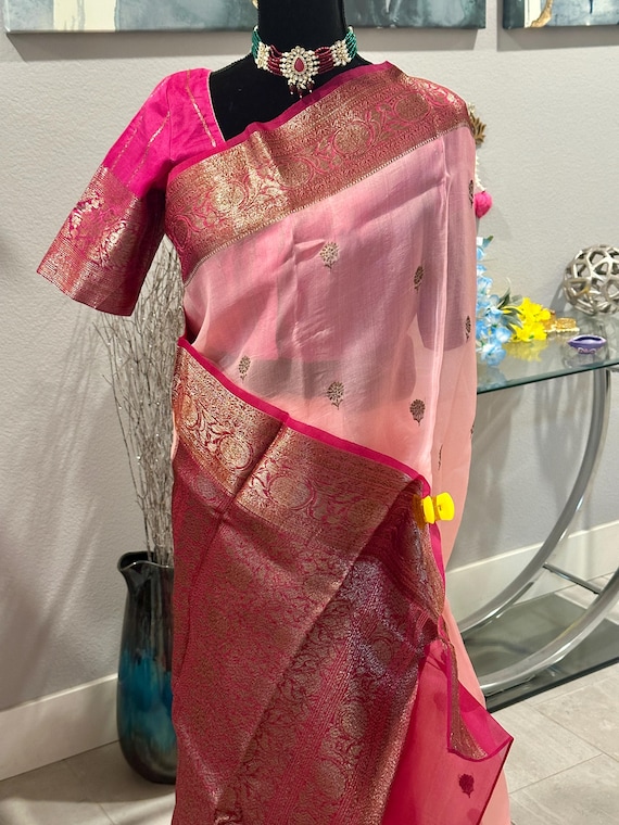 Size 36-46 inches stitched blouse | Pure, silk mark certified banaras kora silk saree with antique zari | kora silk sarees online shopping