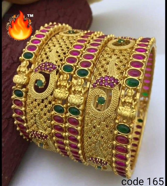 Beautiful Indian Gold Plated Bangles with Red and Green Stones