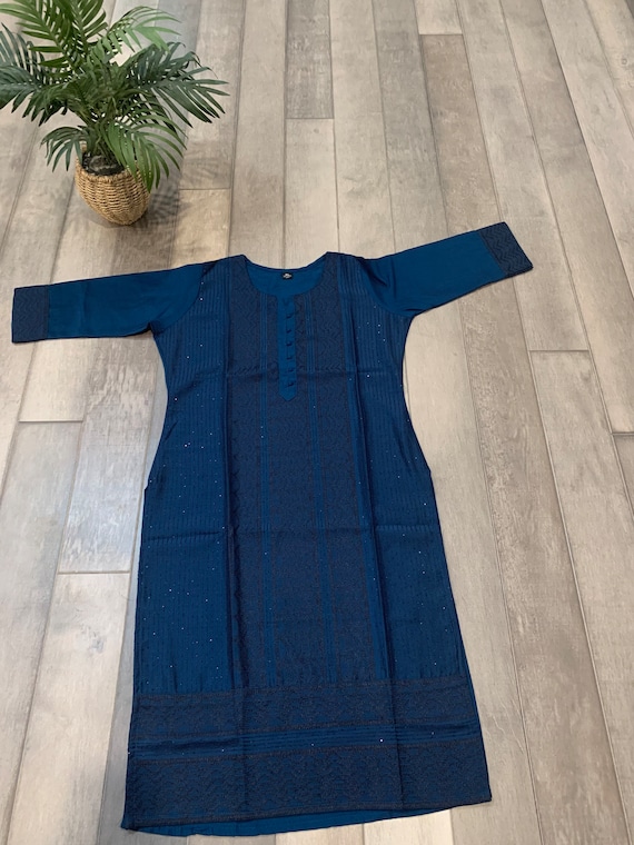 Size L: Silk Kurti in Peacock Blue with Elegant Sequin and Thread Work