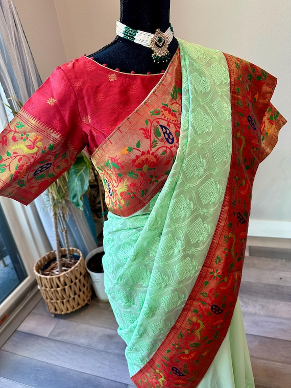 Size 36-44 inches stitched blouse | Embroidered chiffon saree with paithani border, pallu |  party wear saree online shopping usa | paithani