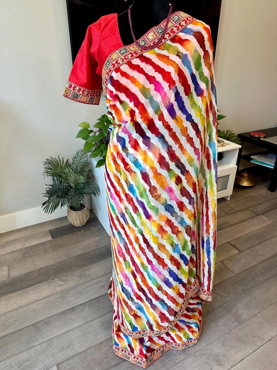 Size 38-42 inches stitched blouse | Sequin bordered leheriya saree | leheriya sarees online shopping usa | party wear sarees online | ethnic