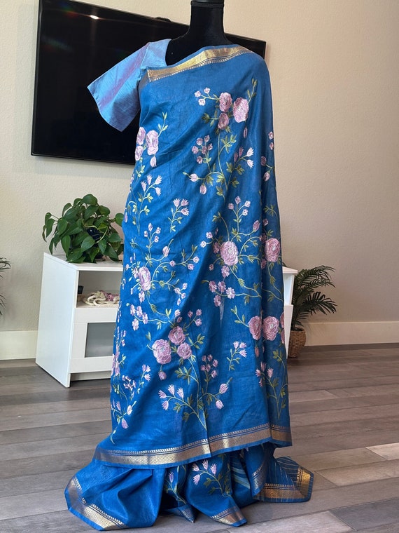 Size 38-40 inches optional stitched blouse | Linen silk saree with gorgeous embroidery work | Linen sarees online shopping usa | Linen pattu