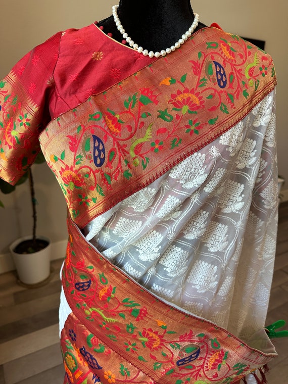 Size 36-44 inches stitched blouse | Embroidered chiffon saree with paithani border, pallu |  party wear saree online shopping usa | paithani