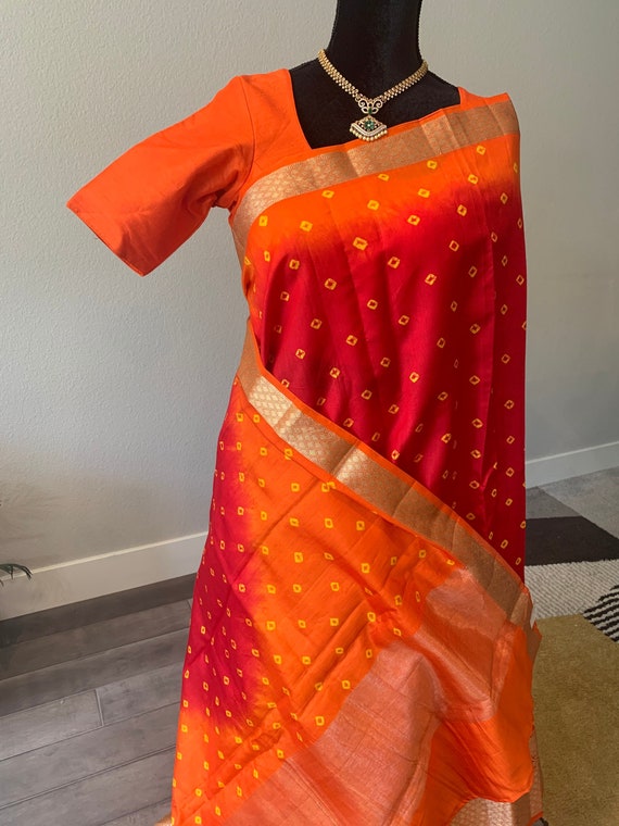 36 - 38 size Fully Stitched blouse - Silk Mark Certified Dupion Silk Saree in Bandhini | bandhani silk saree | bandhani saree