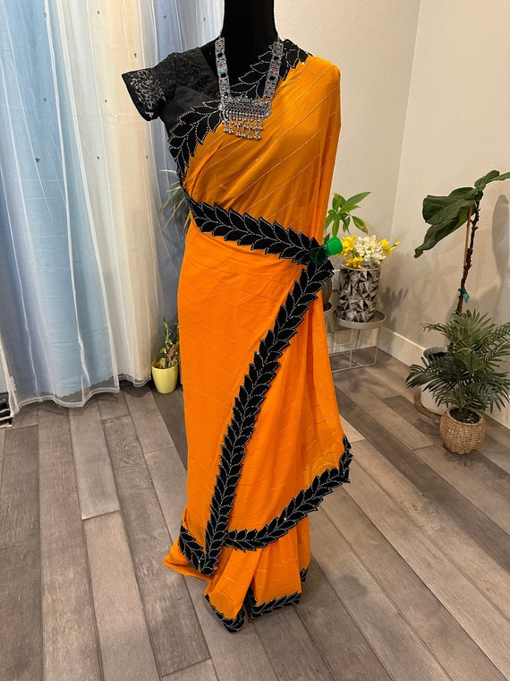 Stone work, sequin work party wear saree in mustard yellow | sequin work | party wear sarees online shopping usa | sarees for haldi | ethnic