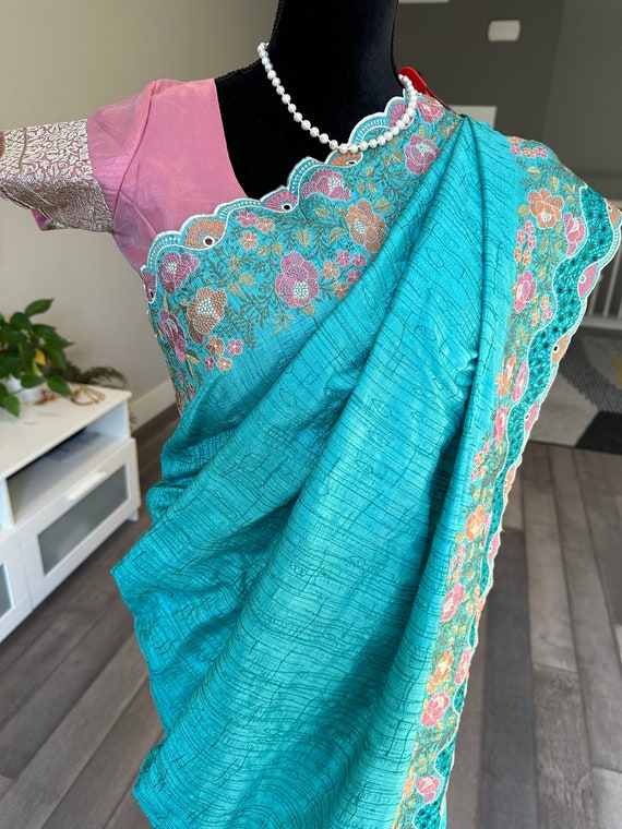 Tussar crepe silk saree with cutwork embroidery and scalloped border | tussar silk sarees online usa