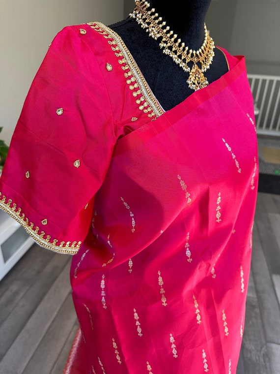 Size 36 fully stitched maggam work blouse | Silk mark certified, pure, handwoven, kanjivaram silk saree in 2G gold zari | kanchi pattu sari