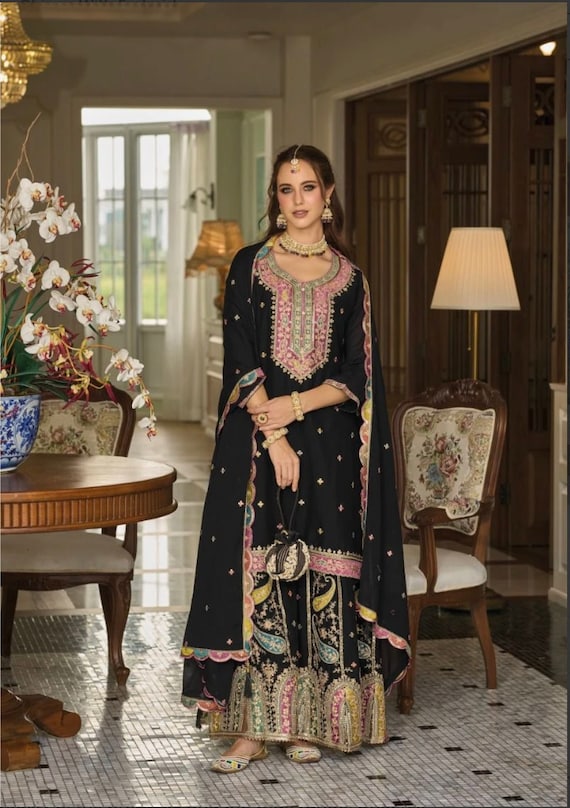 Size L: Exclusive embroidery work, zardosi work sharara set | festive sharara suits online shopping usa | wedding shararas | indian ethnic