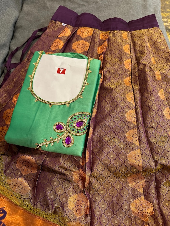 Age 7, 9 | Kids pattu pavadai with stone and aari work | kids lehenga blouse set online shopping usa | langa blouse for girls | kids ethnic