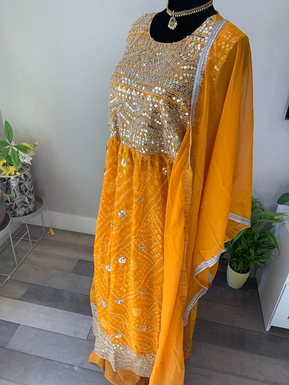 Size XXL - Nayra cut anarkali sharara set in Bandhni and sequin work | party wear suits online shopping usa | sequin work sharara suits
