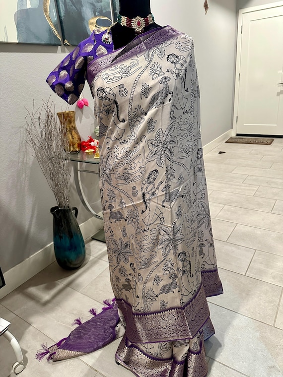 Size 40 optional stitched blouse | Semi silk kalamkari saree with zari woven border | kalamkari silk sarees online shopping usa | ethnic