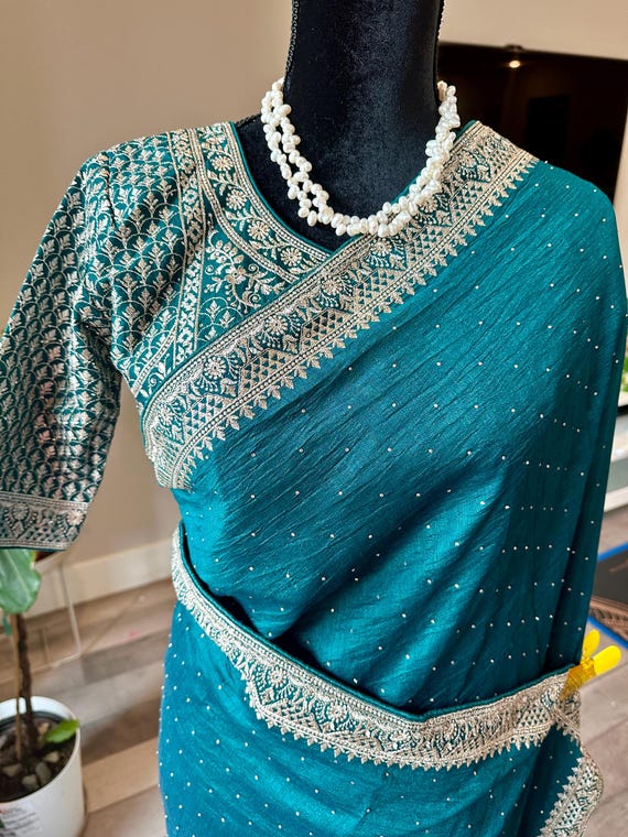 Size 38-40 stitched blouse | Pure crepe silk party wear saree with stone work and heavy blouse | party wear sarees online shopping usa