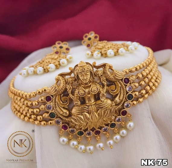 Gold Plated Indian Lakshmi Choker Set with Earrings