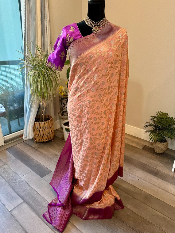 Size 36-38 optional stitched blouse | Zari woven banarasi chiffon silk saree | banarasi chiffon online shopping usa | banarasi silk sarees