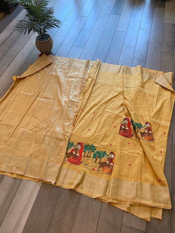 Unique Raw Silk Saree with Embroidered Pichwai Design and Sequin Work