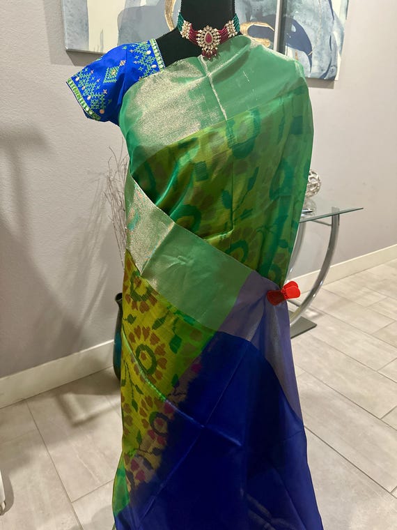 Size 38-44 optional stitched blouse | Semi silk Ikkat saree with big tissue border | ikkat pochampally sarees online shopping usa | navratri
