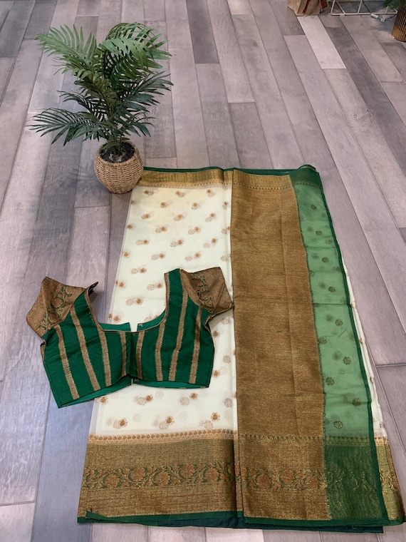 Fully Stitched Blouse - Beautiful contrast Banarasi Handloom Kora Organza Saree