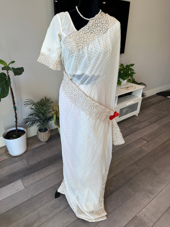 Size 36 - 40 size adjustable stitched blouse | Embroidered party wear saree in ivory gold shade | party wear sarees online shopping usa