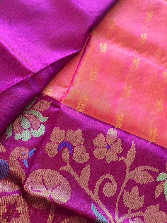 Pure, handwoven uppada silk saree in pink and orange dual tone | Handwoven pure pattu sarees online shopping usa | Gifts for her | pure silk