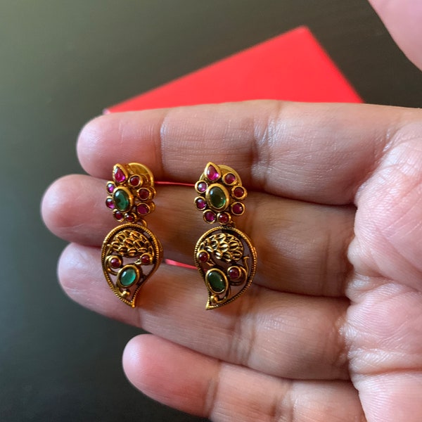 Antique polished 1 Gram Gold Earrings with red and green Stones